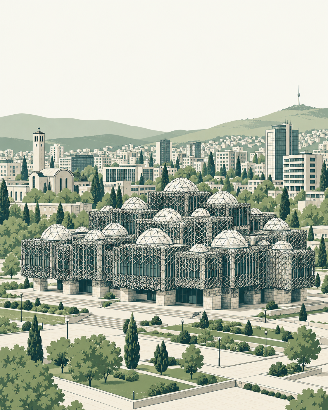 Architectural illustration of Prishtina and the National Library